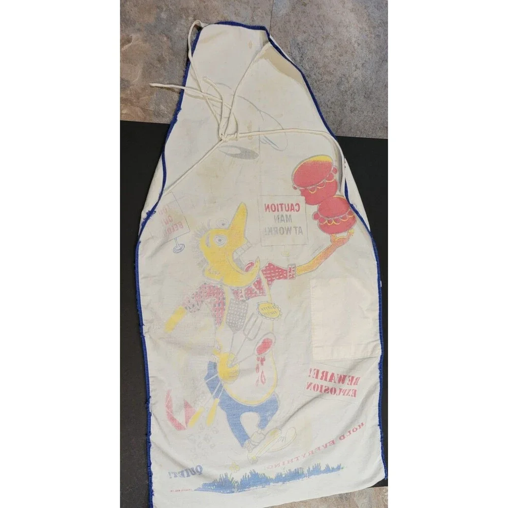 Vintage 1960's Chef's cooks cartoon apron BBQ grill barbeque charcoal well loved
